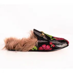 7 NEW $1,080 GUCCI Black Floral BROCADE Jacquard Fur Princetown Slippers LOAFERS