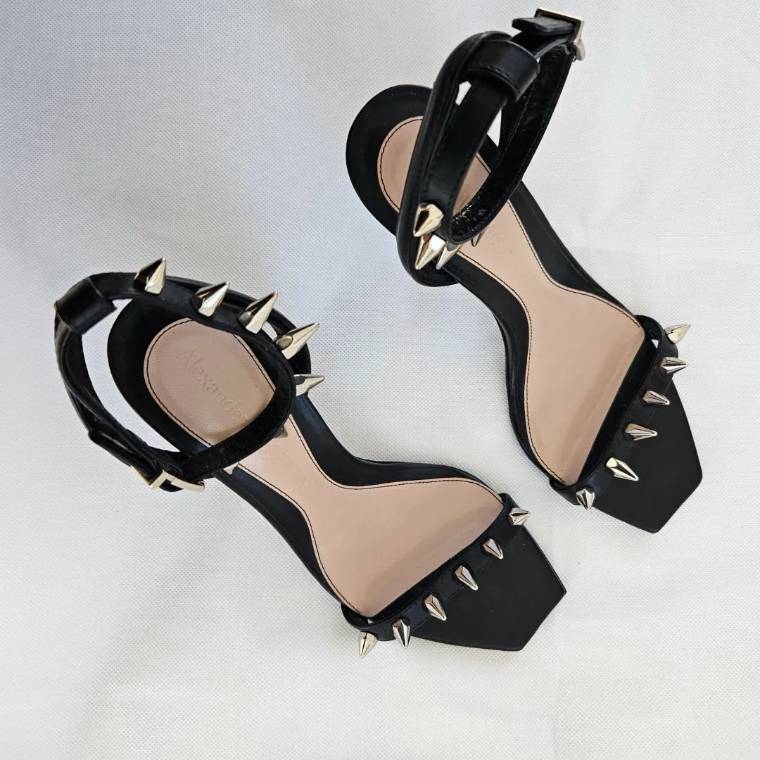 Alexander McQueen Black Strappy Sandals with Silver Spikes, 37