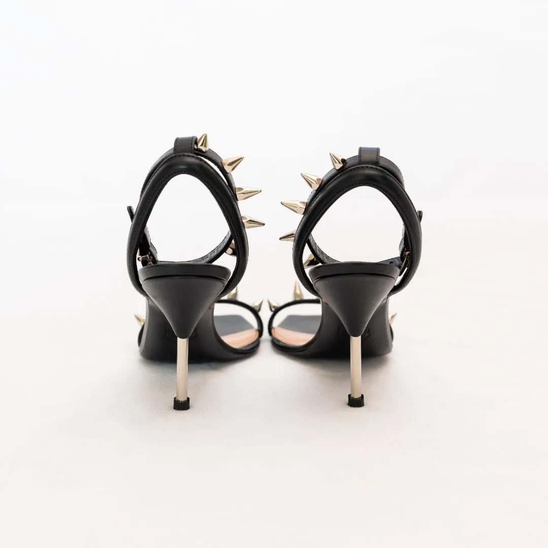 Alexander McQueen Black Strappy Sandals with Silver Spikes, 37