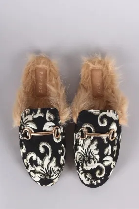 Bamboo Horsebit Ornament Floral Fur Lined Slide-On Mules