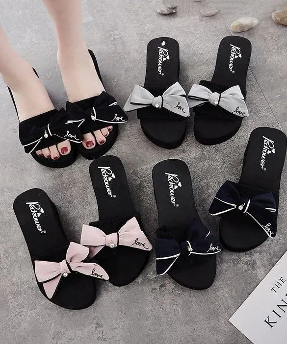 Beautiful Black Bow Slide Sandals For Women LY0154