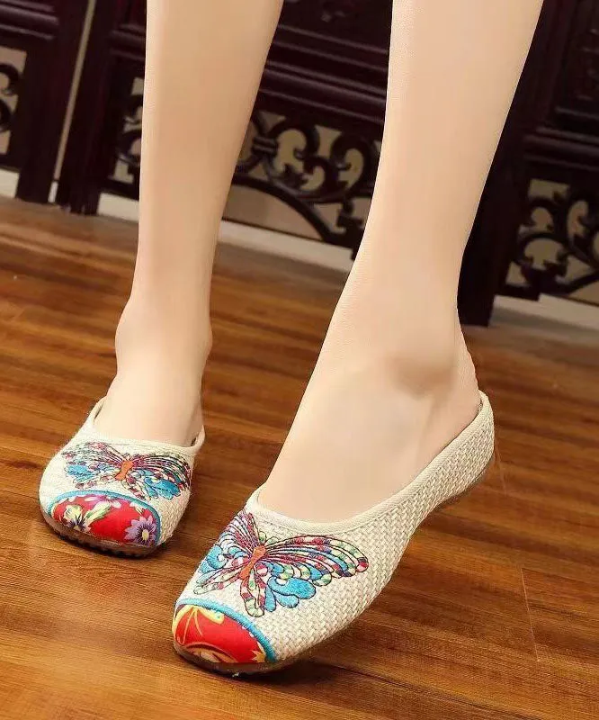 Beige Slide Sandals Linen Fabric Classy Splicing Butterfly Embroideried LY7695