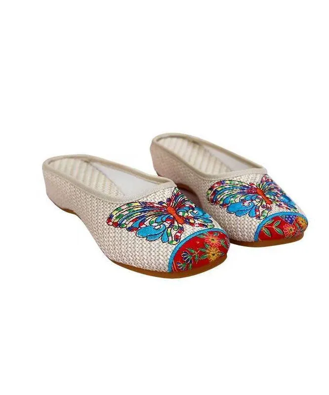 Beige Slide Sandals Linen Fabric Classy Splicing Butterfly Embroideried LY7695