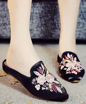 Black Embroideried Cotton Fabric Women Pointed Toe Slide Sandals