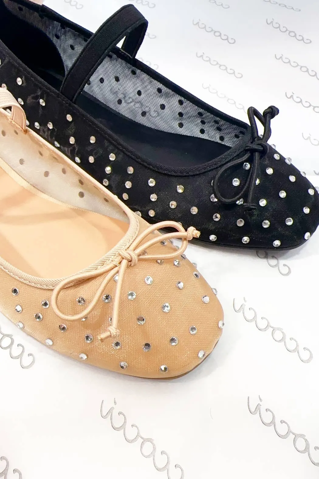 Black RHINESTONE EMBELLISHED MESH BALLET FLATS