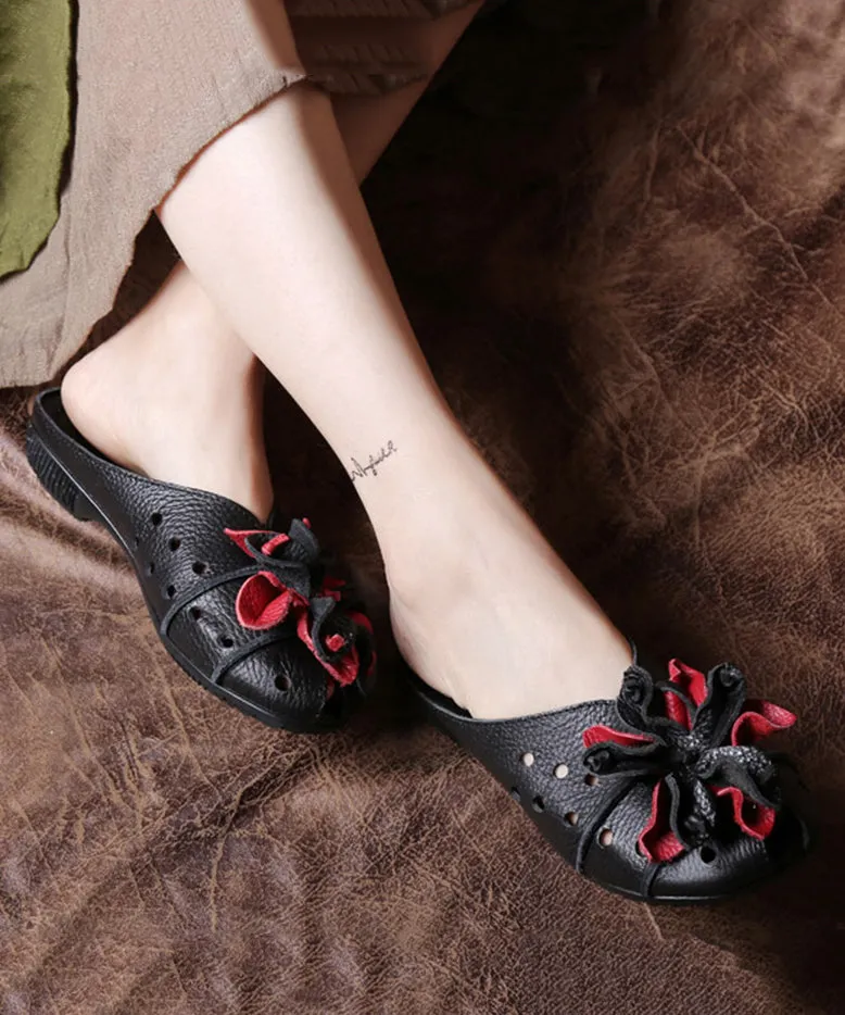 DIY Black Cowhide Leather Splicing Slide Sandals DF1004