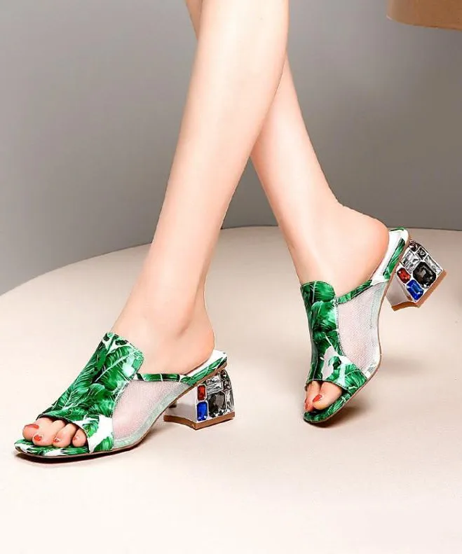 Green Breathable Mesh Splicing Zircon Slide Sandals RT1052