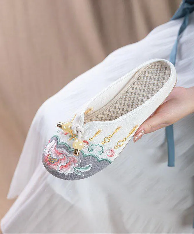 Grey Embroideried Cotton Fabric Vintage Splicing Slide Sandals LY7674