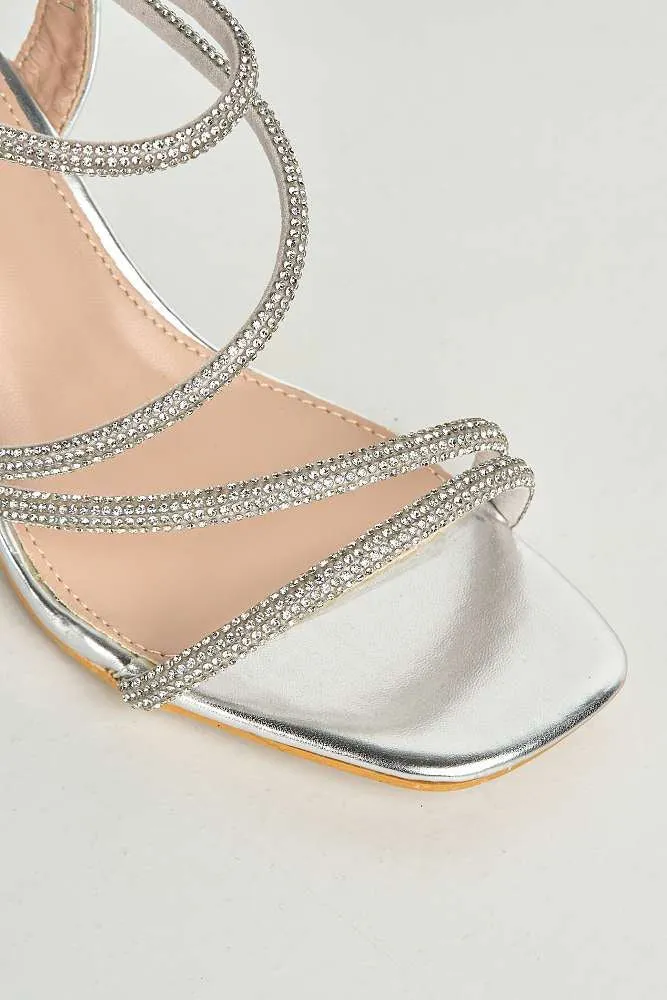 Kayli Diamante Strappy Block Heels in Silver