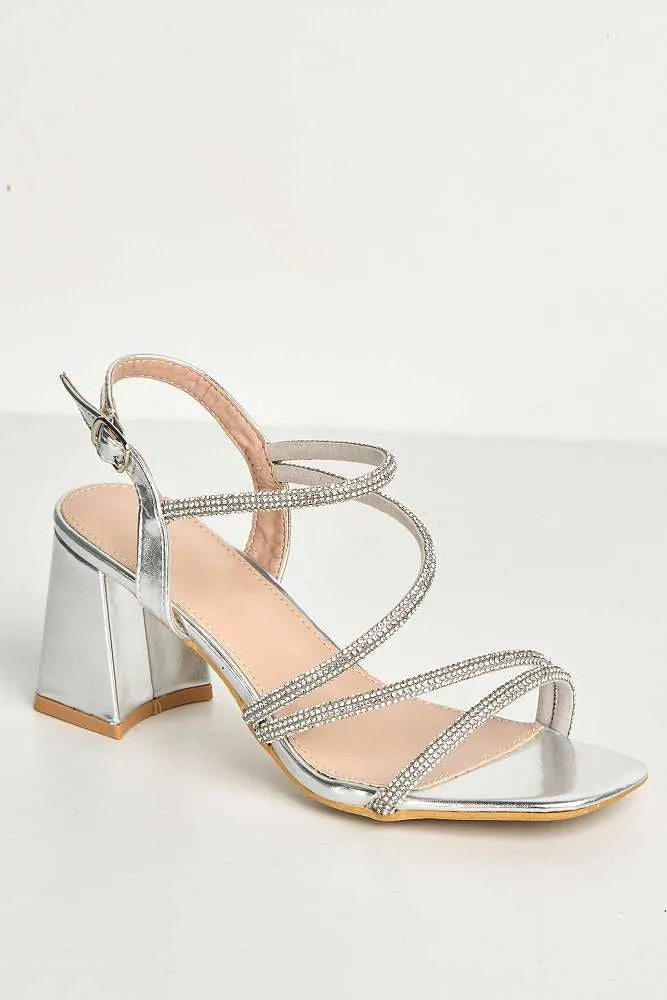 Kayli Diamante Strappy Block Heels in Silver