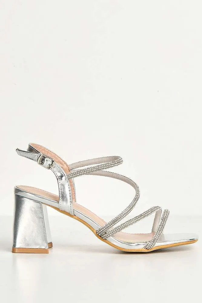 Kayli Diamante Strappy Block Heels in Silver