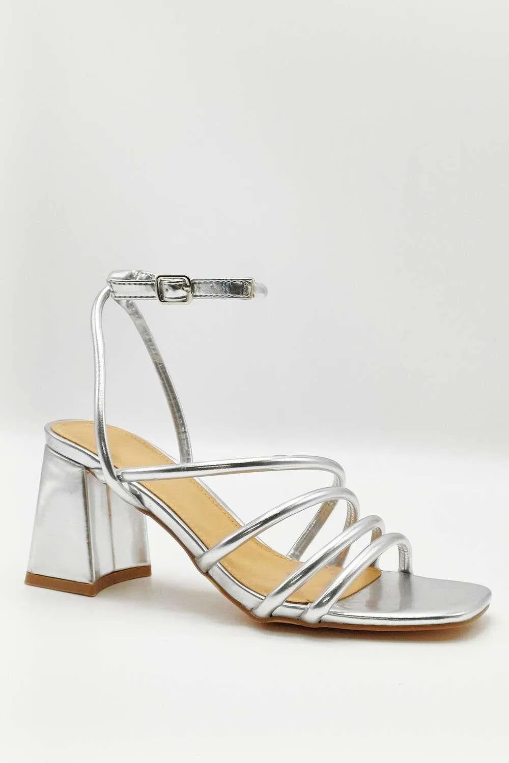 Milena Square Toe Strappy Block Heel Sandals in Silver