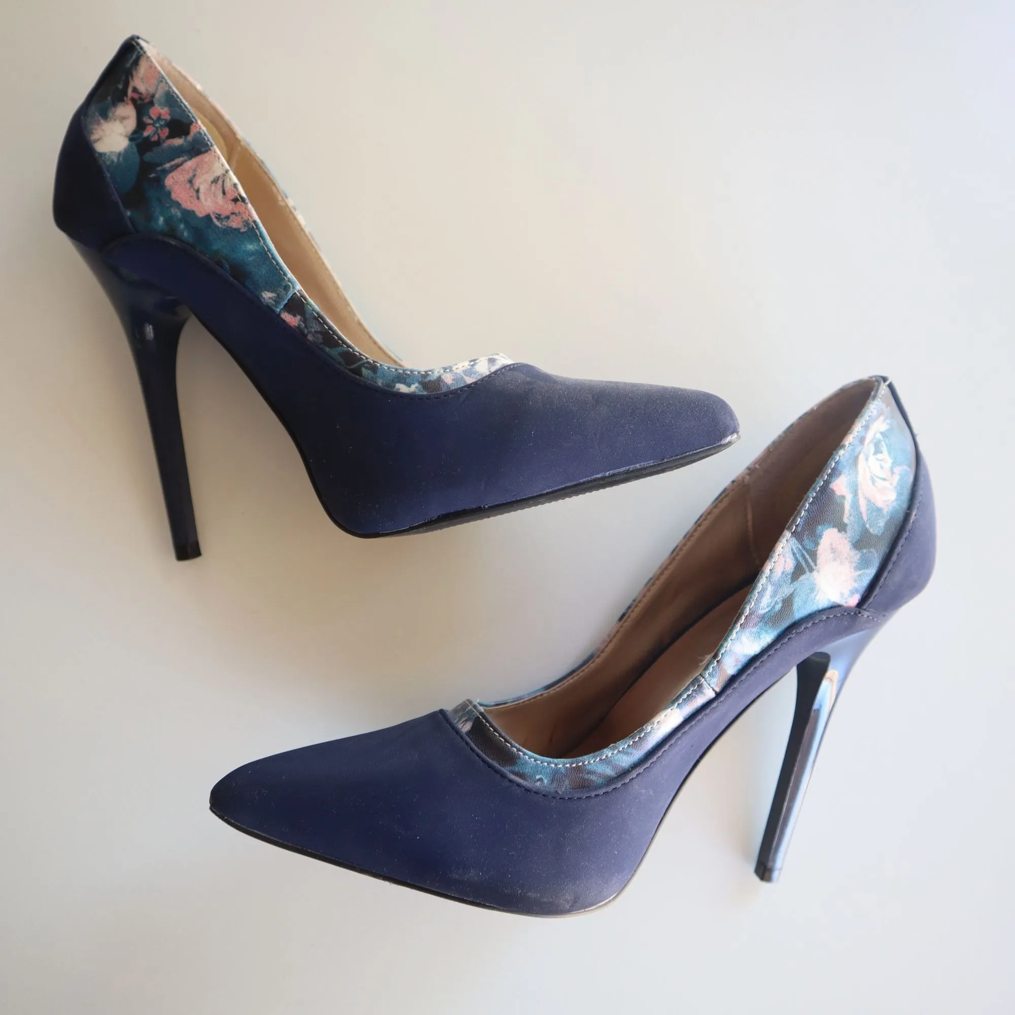 Navy Floral Print Stiletto High Heels By Qupid Size 7 Womens Elegant Party Shoes