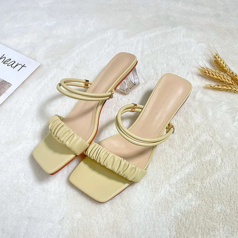 Nude Strappy Block Heels Crystal Heel Shoes Chunky Heel Sandals