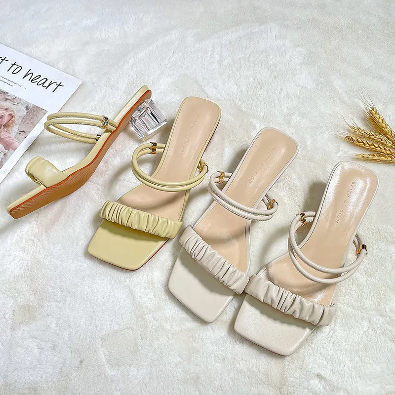 Nude Strappy Block Heels Crystal Heel Shoes Chunky Heel Sandals