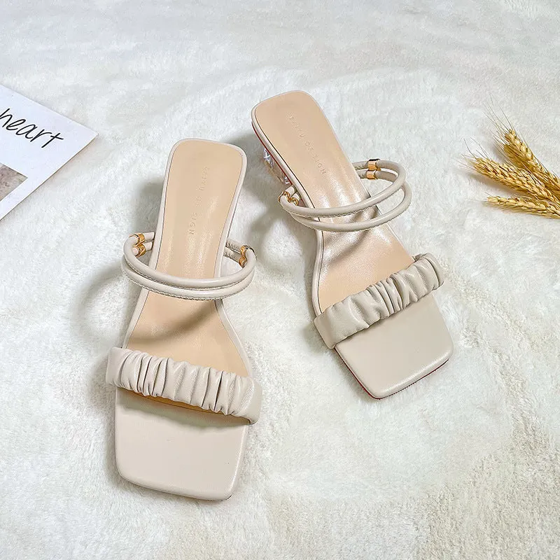 Nude Strappy Block Heels Crystal Heel Shoes Chunky Heel Sandals