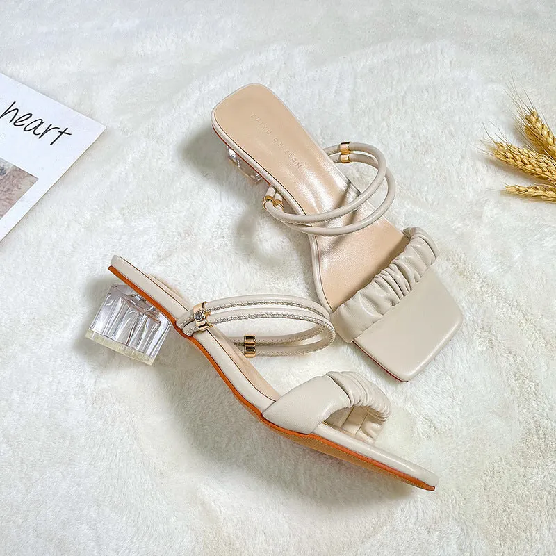 Nude Strappy Block Heels Crystal Heel Shoes Chunky Heel Sandals