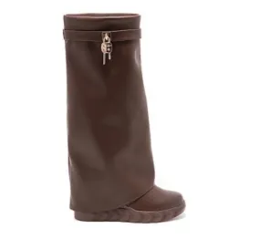 PAMMY CHOCOLATE BROWN WEDGE KNEE HIGH OVERLAP BOOTS