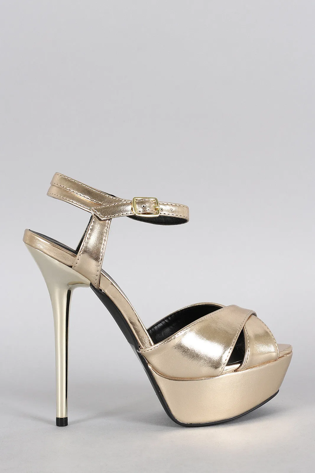 Qupid Metallic Crisscross Ankle Strap Heel