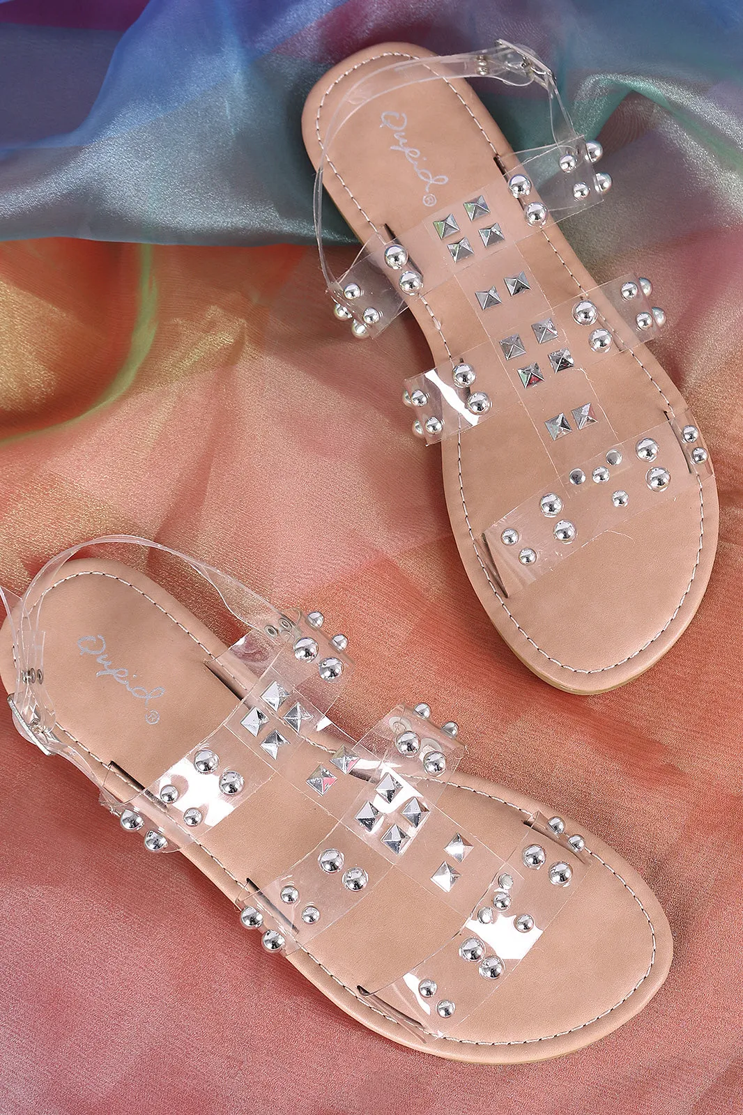 Qupid Studded Strappy Slingback Flat Sandal