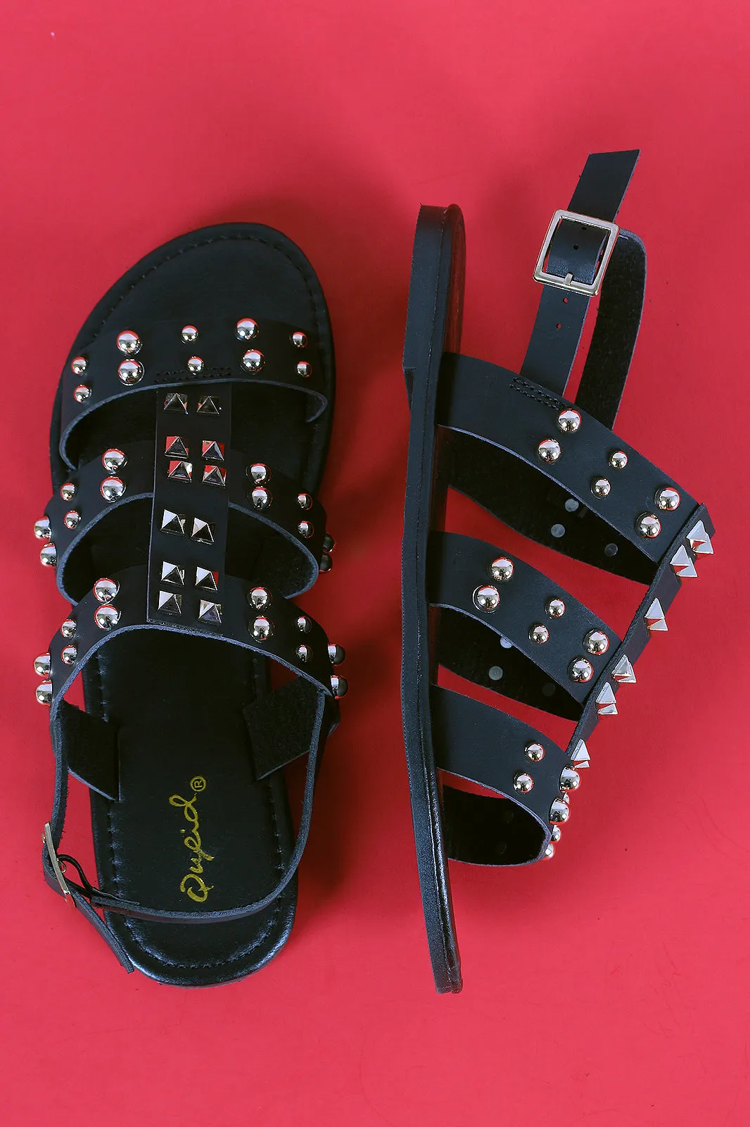 Qupid Studded Strappy Slingback Flat Sandal