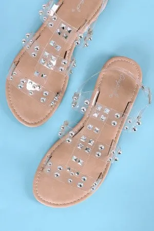 Qupid Studded Strappy Slingback Flat Sandal