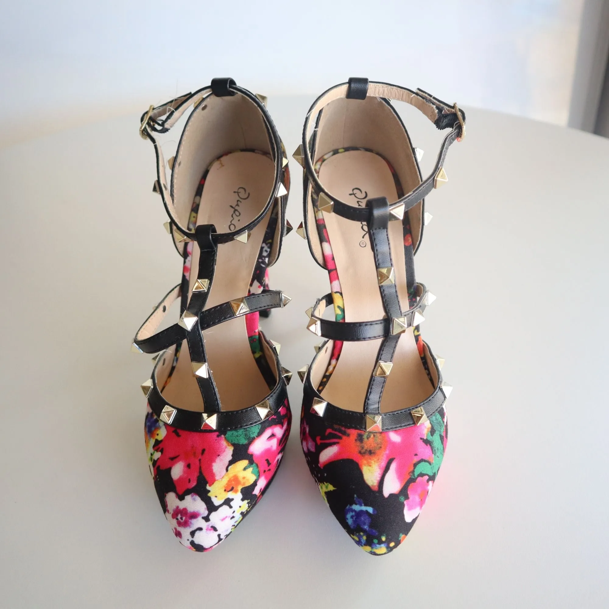 Qupid Womens Multi-Color Floral Print Stiletto Heels With Studded Straps & Buckle