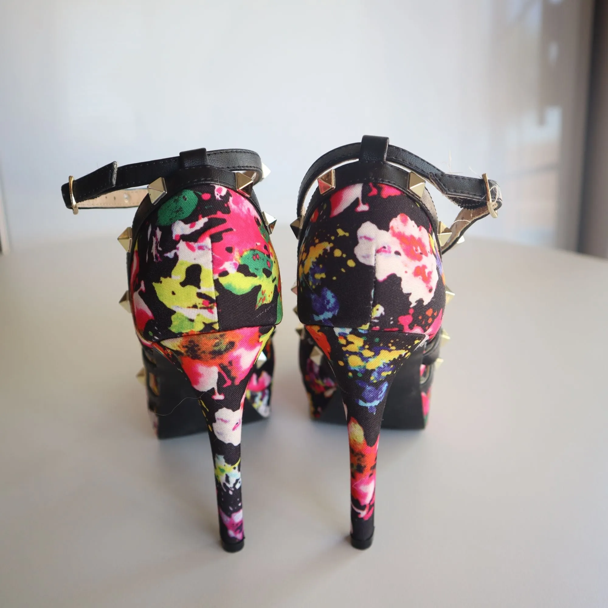 Qupid Womens Multi-Color Floral Print Stiletto Heels With Studded Straps & Buckle