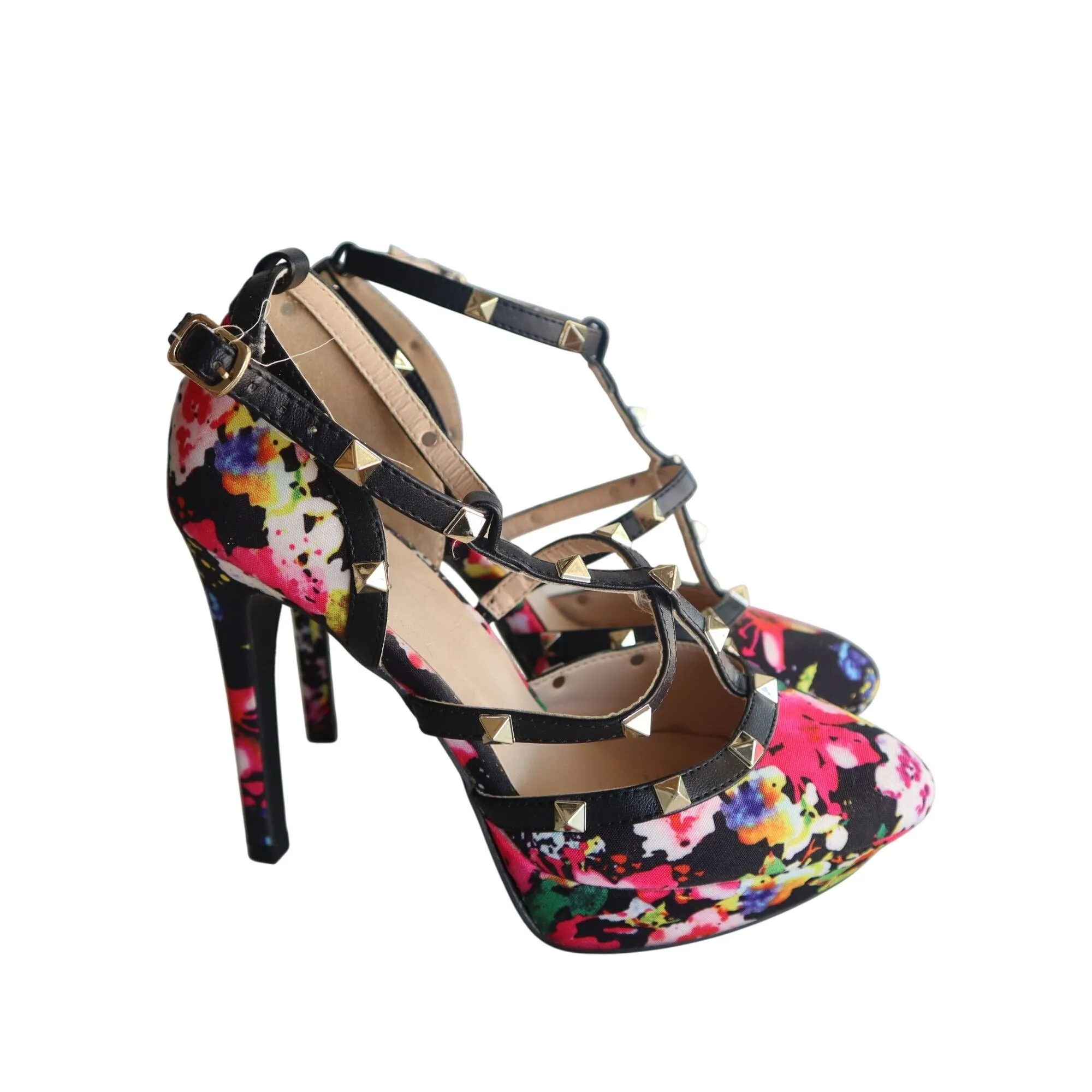 Qupid Womens Multi-Color Floral Print Stiletto Heels With Studded Straps & Buckle