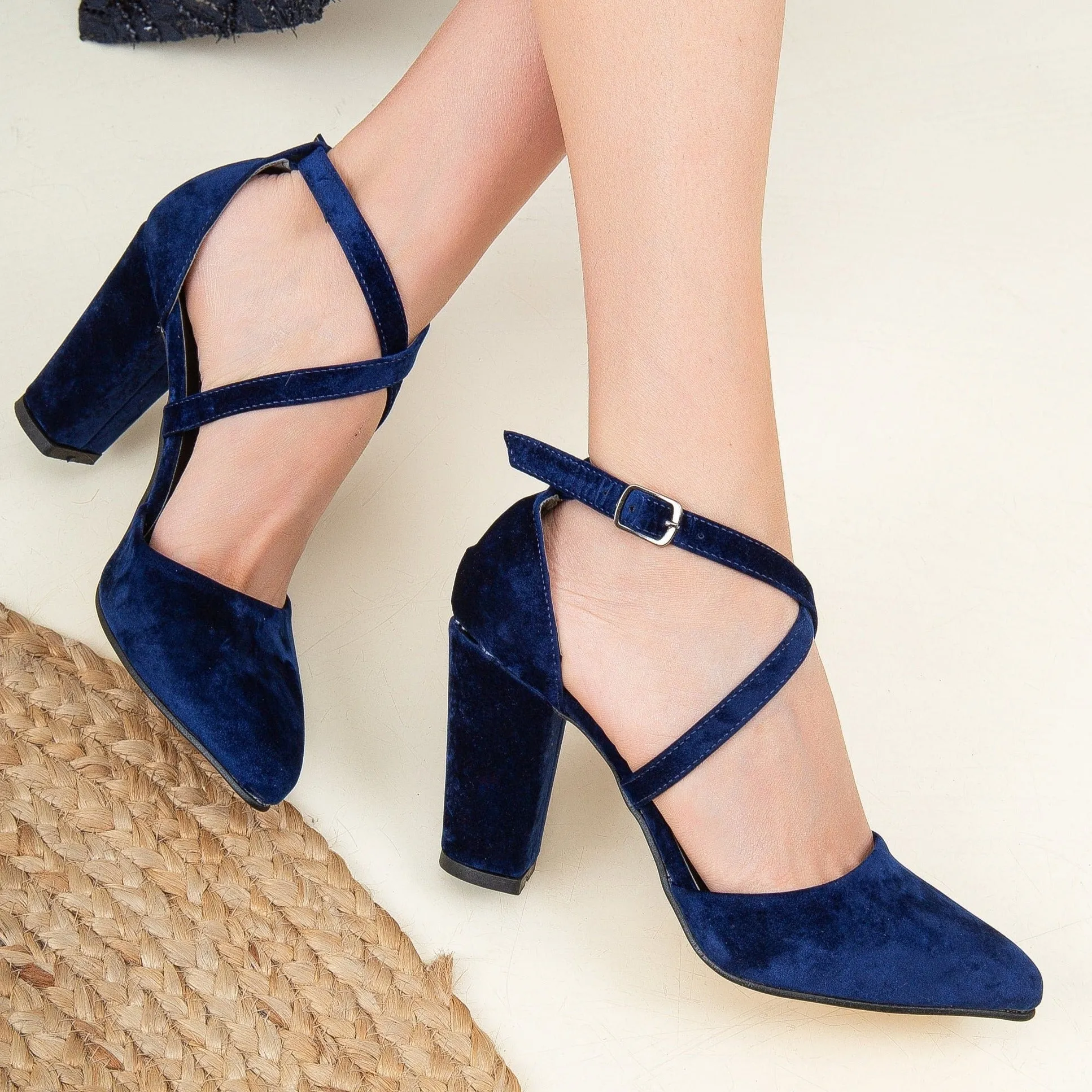 Sina - Dark Blue Velvet Criss Cross Heels