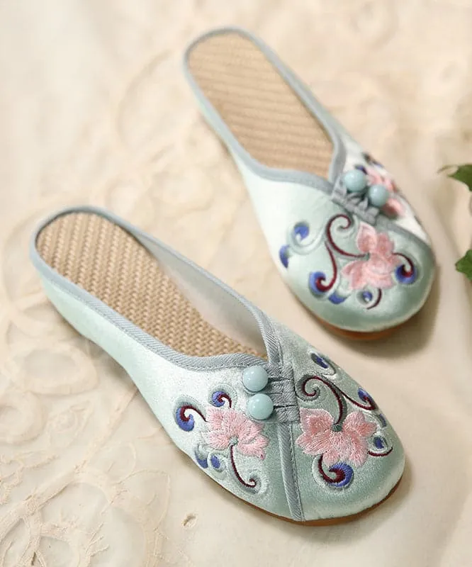 Women Green Embroideried Button Cotton Fabric Slide Sandals